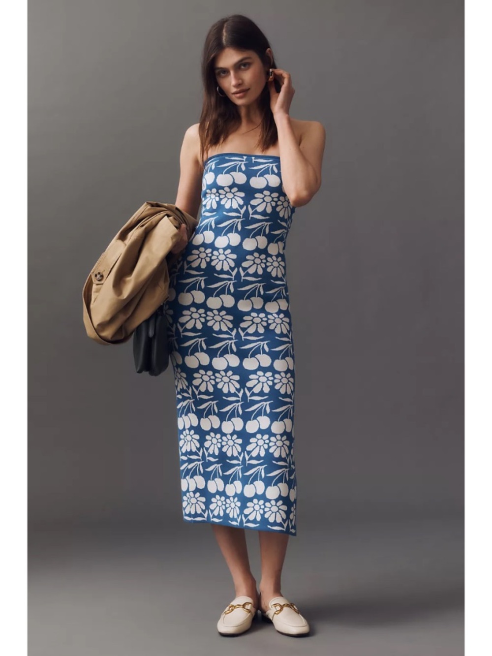 Anthropologie Blue and White Floral Strapless Midi Dress